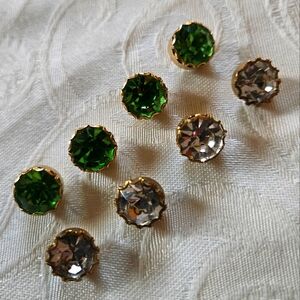 Glass Green and Clear Rhinestone Gold Plated Buttons